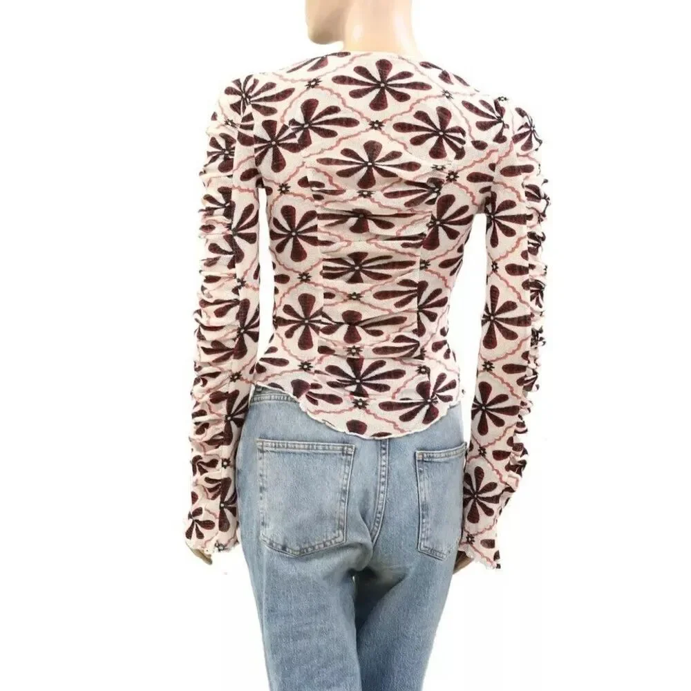 Free People Through The Meadow Blouse Top Ruched Floral Printed Cotton L 288427